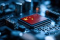 Chinese flag on microchip circuit board symbolizing technology and innovation. Royalty Free Stock Photo