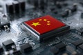 Chinese flag on microchip circuit board symbolizing technology and innovation. Royalty Free Stock Photo