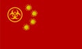 Chinese flag with yellow Biohazard sign and coronavirus bacteria instead of stars. Stylized China flag. Symbols of coronavirus