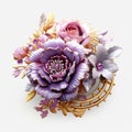 Chinese floral corsage detailed in ceramics in purple and gold in deep colors.