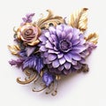 Chinese floral corsage detailed in ceramics in purple and gold in deep colors.