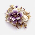 Chinese floral corsage detailed in ceramics in purple and gold in deep colors.