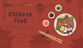 Chinese food banner. National oriental dish with noodle, shrimps, eggs, mushrooms. Ramen soup closeup, chopsticks, sauce, vassabi