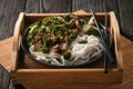 Chinese food - beef prepared with broccoli and rice noodles. Royalty Free Stock Photo