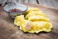 Chinese food, boiled Jiaozi Gyoza with sauce for gourmet dumpling image