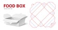 Chinese food box layout. Realistic low paper package, white cardboard origami template, cutting takeout container, empty