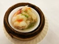 Chinese food in China town, steam prawn in chilli on bamboo basket, dim sum bamboo tray in the local traditional Chinese restauran Royalty Free Stock Photo