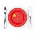 Chinese Food or Cuisine Concept. Fork, Knife and Plate with China Flag. 3d Rendering Royalty Free Stock Photo