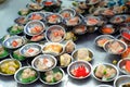 Chinese food dim sum on self service busket tray background.