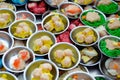 Chinese food dim sum on self service busket tray background.