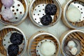 Chinese food dim sum on self service busket tray background.