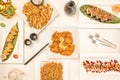 Chinese food dishes set. Almond chicken, lemon chicken, tres delicias rice, Royalty Free Stock Photo