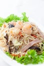 Chinese food fried noodle eating on Chinese new year celebrations ingredients with fried noodle, sliced carrot, ham, vegetable on Royalty Free Stock Photo