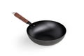 Chinese food frying pan - wok pan with flat bottom and wooden handle isolated on white background