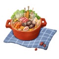 Chinese Food, Hot Pot, Casserole on White Background