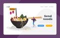 Chinese Food Landing Page Template. Tiny Characters Bring Ingredients to Huge Bowl with Ramen Noodles. Asian Lunch Meal Royalty Free Stock Photo