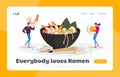 Chinese Food Landing Page Template. Tiny Characters Bring Ingredients to Huge Bowl with Ramen Noodles. Asian Restaurant Royalty Free Stock Photo