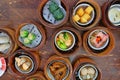 The Chinese food ,A many kind of Dim Sum in bamboo basket on table. Royalty Free Stock Photo