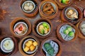 The Chinese food ,A many kind of Dim Sum in bamboo basket on table. Royalty Free Stock Photo