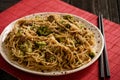 Chinese food - noodles with broccoli and beef.