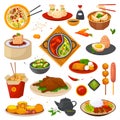 Chinese food or oriental asian cuisine set of isolated vector illustrations. Chinese food meal, box, plate, chopsticks Royalty Free Stock Photo