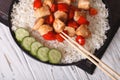 Chinese food: rice with chicken and teriyaki sauce top view Royalty Free Stock Photo