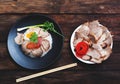 Chinese food, Rice with fried pork and aggon wooden Royalty Free Stock Photo
