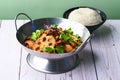 Chinese food Rice and Mala Assorted Veg and Shroom in bowl on table Royalty Free Stock Photo