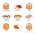 Chinese Food vector set. Famous dishes in China flat vector illustration clipart cartoon. Dumplings, Char Siu, Kung Pao Chicken