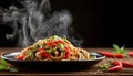 chinese food wok on dark background Royalty Free Stock Photo