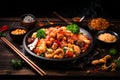 Chinese food on wooden background, colorful multiple ingredient, generative AI