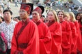 The Chinese and foreign students with a blessing of hanfu gathered in the clock tower at the ceremony