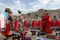 The Chinese and foreign students with a blessing of hanfu gathered in the clock tower at the ceremony