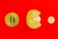 Chinese fortune cookie pacman with golden Bitcoin Royalty Free Stock Photo