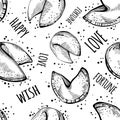 Chinese fortune cookies black and white seamless pattern. Chinese food. Sketch style vector illustration.