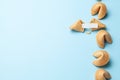 Chinese fortune cookies. Cookies with empty blank inside for prediction words. Blue background Copy space for text Royalty Free Stock Photo