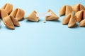 Chinese fortune cookies. Cookies with empty blank inside for prediction words. Blue background Copy space for text. Royalty Free Stock Photo