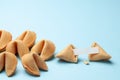 Chinese fortune cookies. Cookies with empty blank inside for prediction words. Blue background Copy space for text Royalty Free Stock Photo