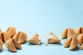 Chinese fortune cookies. Cookies with empty blank inside for prediction words. Blue background Copy space for text Royalty Free Stock Photo