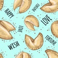 Chinese fortune cookies seamless pattern. Chinese food. Sketch style vector illustration.