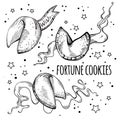 Chinese fortune cookies set. Hand-drawn black and white vector illustration isolated.