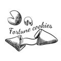 Chinese fortune cookies set. Hand-drawn black and white vector illustration isolated. Vector icon with chinese food Royalty Free Stock Photo