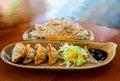 chinese fried dumplings plate with soy sauce Royalty Free Stock Photo