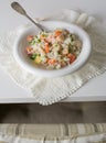 Chinese fried rice, with eggs, vegetables and spice on white tab Royalty Free Stock Photo