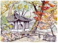 Chinese garden with bridge and pagoda pavilion in Suzhou , China Royalty Free Stock Photo