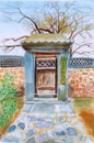 Chinese garden door watercolor painting