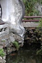 Chinese garden. Footbridge and concrete / stone balustrade or parapet above river with goldfish