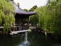 Chinese garden with water fountain and koi pond Royalty Free Stock Photo