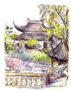 Chinese garden with pagoda in Suzhou, China. Watercolor