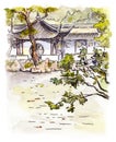 Chinese garden with pagoda in Suzhou, China. Watercolor